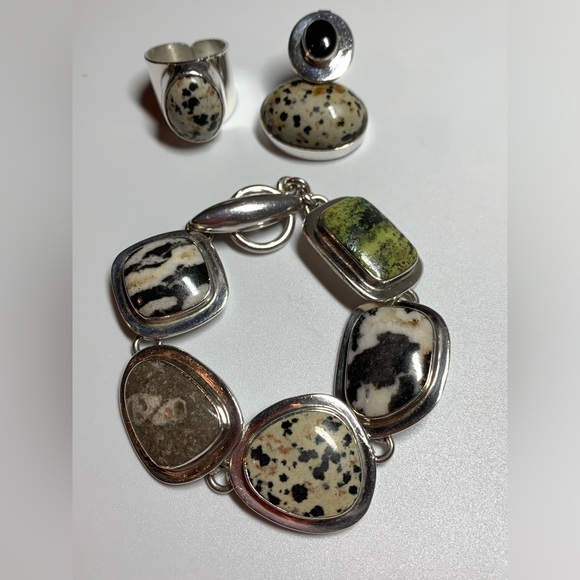 Silpada EXT RARE DALMATIAN JASPER SET - Bracelet - Ring - Pendant Sterling - Picture 1 of 16